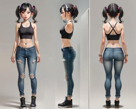 (masterpiece, best quality), chara-sheet, 1girl, tan skin, (black hair, pigtails), flat chest, black tank, short jean, simple backgound, <lora:character-sheet-03:1.0>