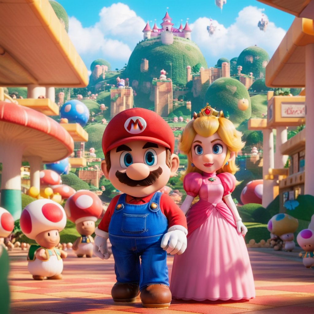 cinematic photo  mario and princess peach, cute fantaisy world <lora:Mario1024-000200:0.8> . 35mm photograph, film, bokeh, professional, 4k, highly detailed