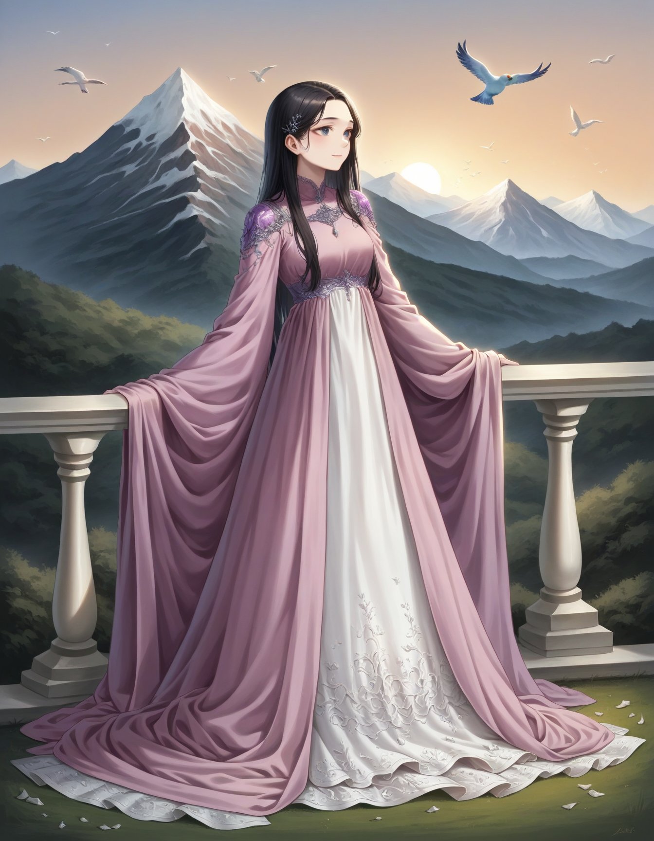 score_9, score_8_up, score_7_up, score_6_up, source_anime, romantic style (full body photo:1.3), adult woman, standing, HUD_spr_armr, hair decoration, long purple (chiffon dress), long sleeves, jewelry, intricate engraved metal neckpiece, shoulder piece, jeweled belt, breastplate, long sleeves, <lora:nature_princess_xlp:0.7>, (long black hair:1.1), 4k, sunset,mountain top, birds, crystal, 