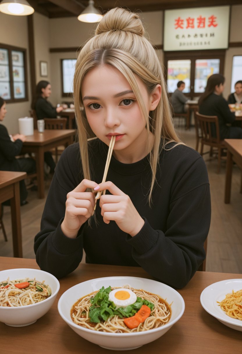 score_9, score_8_up, score_7_up, score_6_up, BREAK , source_real, raw, photo, realistic,  BREAK, noodles, ramen, food, restaurant, blonde hair, long hair, grey eyes, looking at viewer, single hair bun, bowl, indoors, blush, long sleeves, 1girl, chopsticks, hair bun, sitting, eating, menu, table, spoon, black sweater, multiple girls, forehead, sweater, Japanese restaurant, very detailed food,