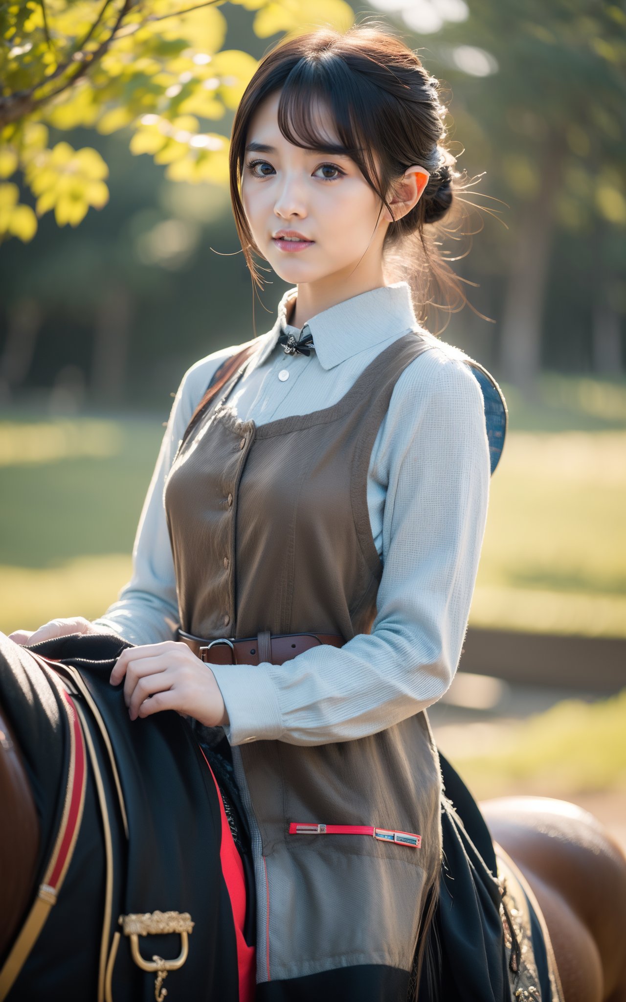 (((masterpiece))), (((best quality))), anime style, 2d,  , (((masterpiece))) , (((best quality))) , anime style, 2d, Breathtaking slight Elvish charming 1girl, solo, 🤔, Horse-back riding, Ethereal Collared shirt, Botswana trimmings, Layered cut hairstyle, key visual