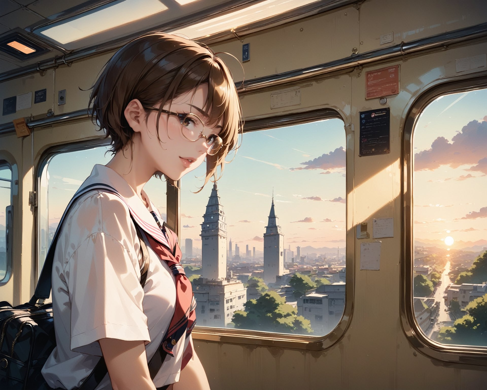 score_9,score_8_up,score_7_up,best_quality,masterpiece,2d-animestyle,BREAK1girl,glasses,school_uniform,upper_body,sunset,indoors,train_interior,window,cityscape,