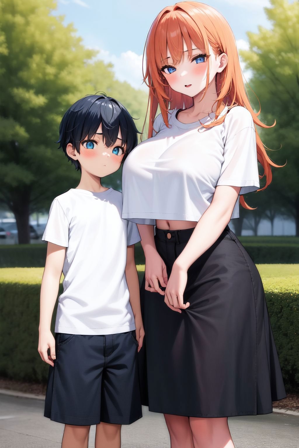 <lora:bigsislitbro_cpt_v01.10.10.02:1>, bigsislitbro, girl and boy, 1girl, long hair, orange hair, breasts, crop top, 1boy, shot hair, t-shirt dress, dark blue hair, size difference, outdoors