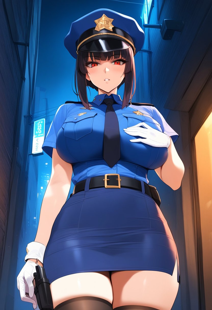 <lora:CYR 0.3v:1.3>, detailed,masterpiece, best quality, 1girl, solo, looking at viewer, shirt, large breasts, skirt, black hair, gloves, hat, hime cut, red eyes, ahoge, short sleeves, sidelocks, thighs, parted lips, collared shirt, belt, black thighhighs, white gloves, short hair, uniform, blue skirt, blue shirt, blue headwear, pencil skirt, police uniform, policewoman, one hand on own breasts, alley, dark background, night, alleyway, thigh holster, 