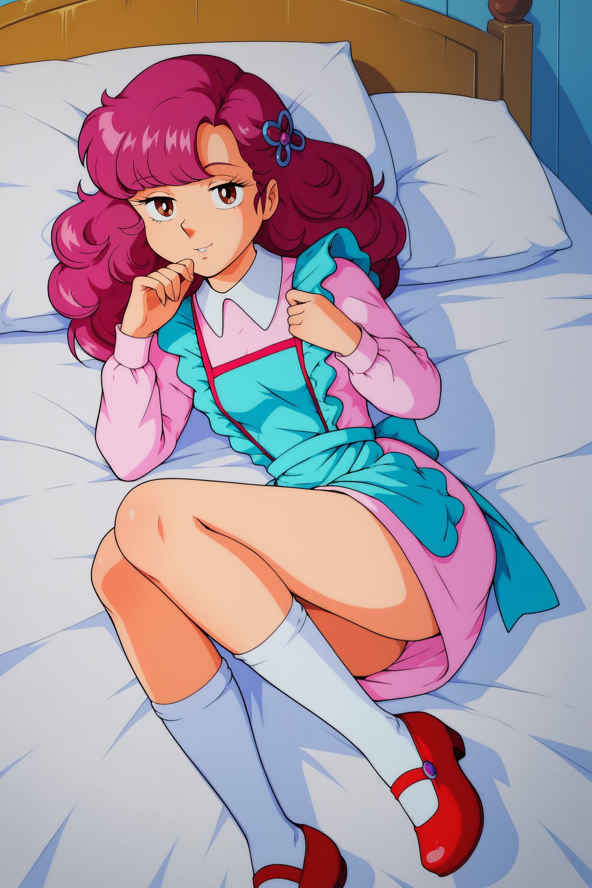 score_9, score_8_up, score_7_up, score_6_up, BREAK, RanUYXL, retro artstyle, brown eyes, pink hair, long hair, bangs, hair ornament, small breasts, white shirt collar, pink dress, long sleeves, aqua apron, white socks, red shoes, solo, full body, lying on bed, seductive smile, looking at viewer, indoors <lora:RanUYXL:1>