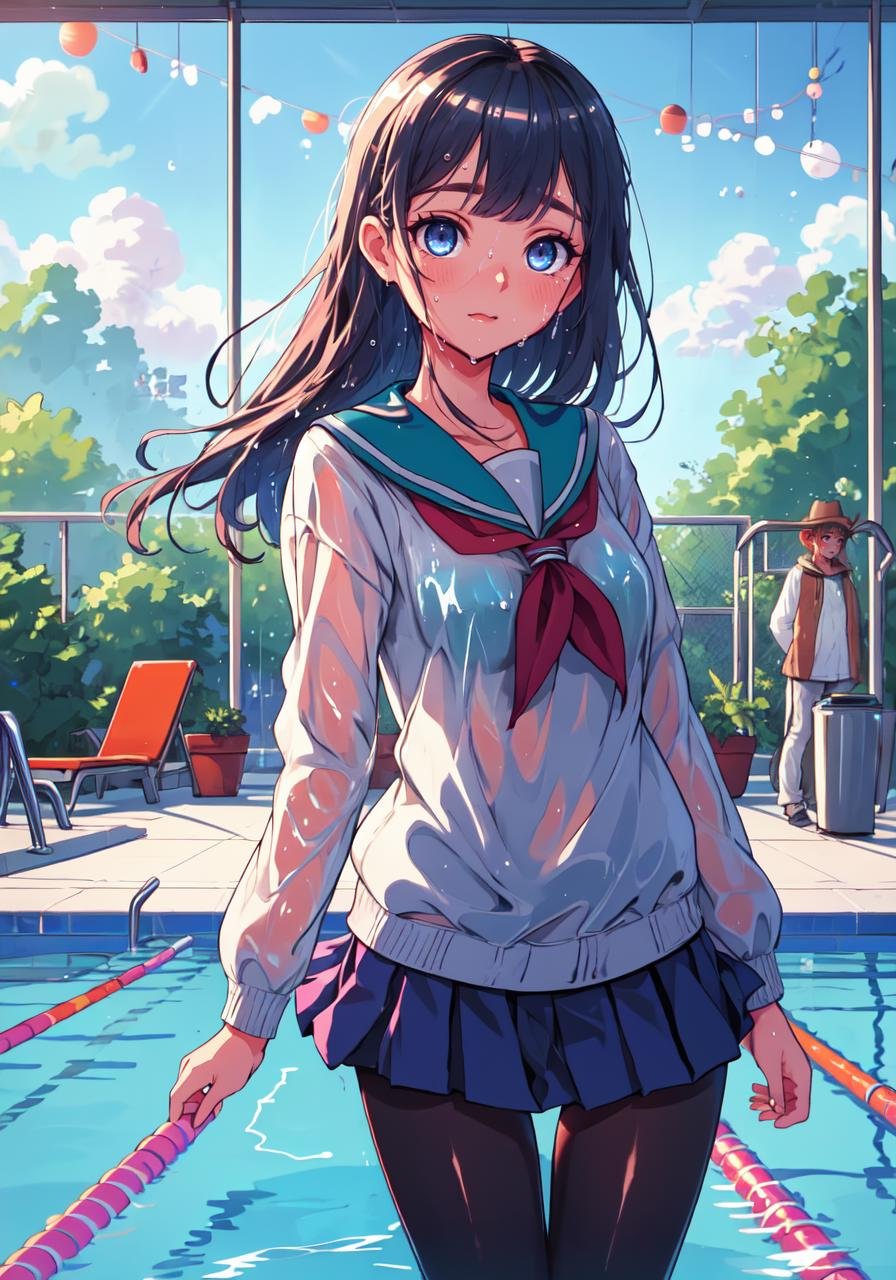 masterpiece, best quality, illustration, highres, absurdres, ultradetailed, highly detailed eyes, shiny, shiny skin, bright eyes, pantyhose, cowboy shot, school uniform, long hair, swimming pool, wet clothes, tight clothes