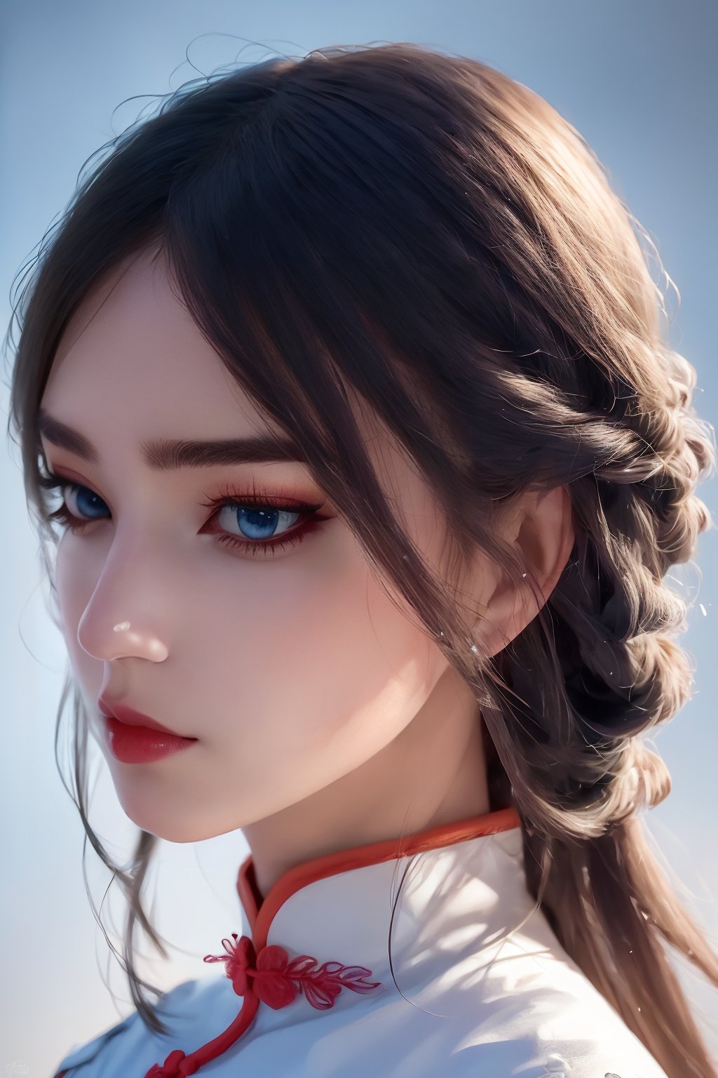 hanfu, yuanlong, aqi, portiart,unmask, 1girl, solo, blue eyes, realistic, lips, shenhe \(genshin impact\), close-up, looking at viewer, portrait, parted lips,masterpiece,HDR,UHD,8K,best quality,absurdres,masterpiece,Highly detailed,ultra-fine painting,front view,Photographic,<lora:aqi_v1:0.7>,