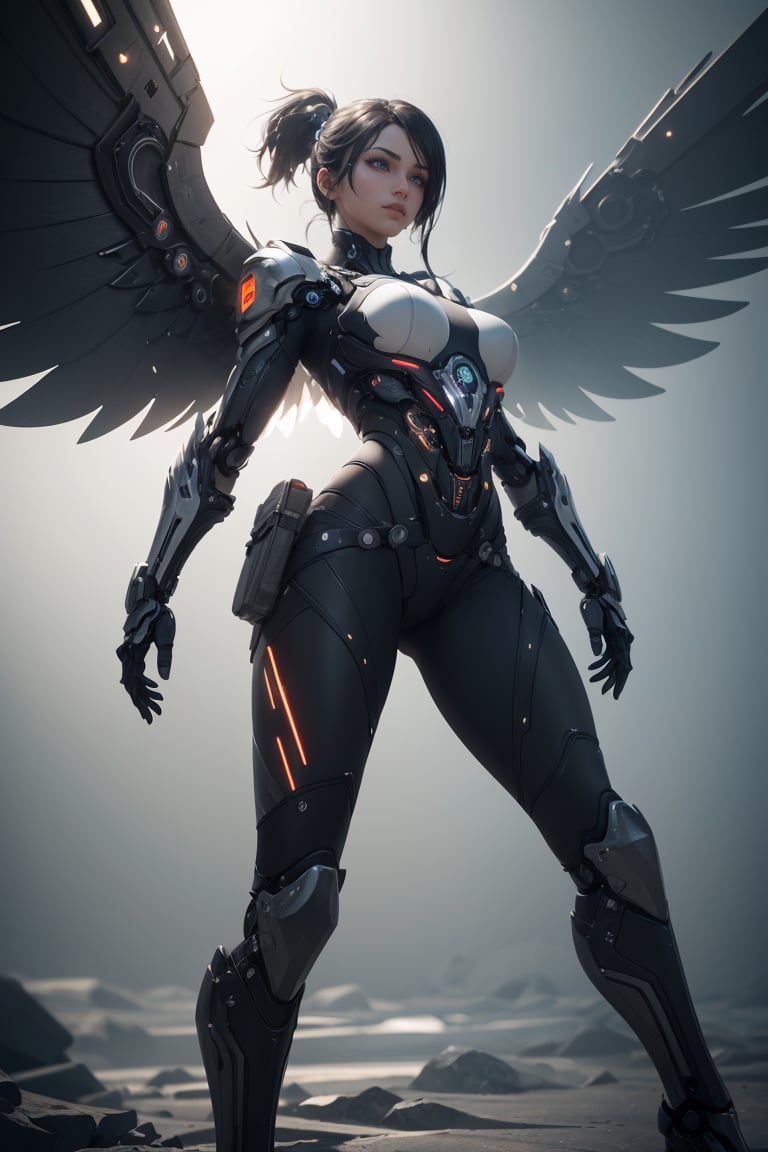 (Two mechanical wings:1.2),((Best quality)),((masterpiece)),(detailed:1.2),3D,an image of a beautiful cyberpunk female with all black armour,HDR (High Dynamic Range),Ray Tracing,NVIDIA RTX,Super-Resolution,Unreal 5,Subsurface scattering,PBR Texturing,Post-processing,Anisotropic Filtering,Depth-of-field,Maximum clarity and sharpness,Multi-layered textures,Albedo and Specular maps,Surface shading,Accurate simulation of light-material interaction,Perfect proportions,Octane Render,Two-tone lighting,Wide aperture,Low ISO,White balance,Rule of thirds,8K RAW,