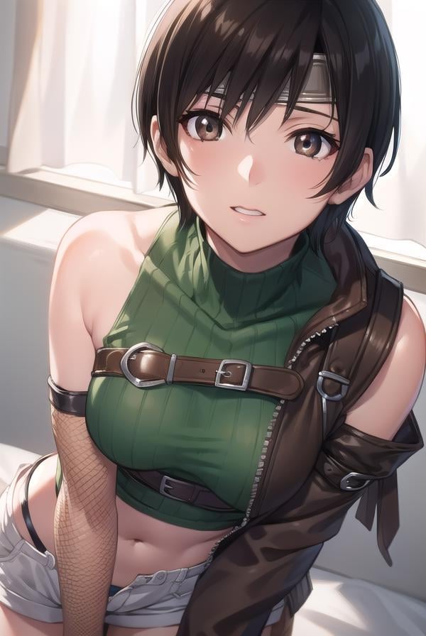 yuffiekisaragi, <lora:yuffie kisaragi v2-lora-nochekaiser:1>, yuffie kisaragi, (black hair:1.5), (brown eyes:1.7), short hair, pixie cut,BREAK crop top, fingerless gloves, fishnet thighhighs, fishnets, forehead protector, gloves, headband, navel, short shorts, shorts, single sleeve, single thighhigh, sleeveless, sleeveless turtleneck, thighhighs, turtleneck,BREAK cowboy shot, looking at viewer, BREAK indoors,BREAK <lyco:GoodHands-beta2:1>, (masterpiece:1.2), best quality, high resolution, unity 8k wallpaper, (illustration:0.8), (beautiful detailed eyes:1.6), extremely detailed face, perfect lighting, extremely detailed CG, (perfect hands, perfect anatomy),