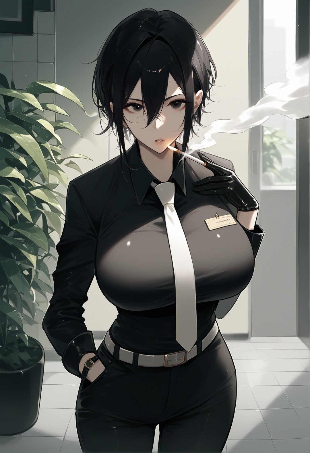 score_9, score_8_up, score_7_up, score_6_up, source_anime, <lora:RLI 0.1v:1>, 1girl, necktie, solo, gloves, holding cigarette, cigarette, black hair, shirt, holding, breasts, black gloves, black shirt, large breasts, pants, black pants, belt, white necktie, hair between eyes, hand in pocket, looking at viewer, smoking, smoke, collared shirt, short hair, tiles, indoors, black eyes, plant, half gloves, bangs, long sleeves, parted lips, tile floor