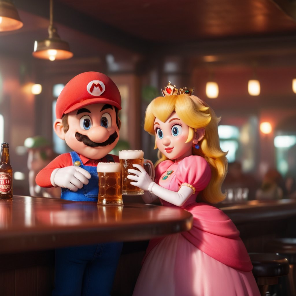 cinematic photo  mario and princess peach having a beer in a pub <lora:Mario1024-000200:0.8> . 35mm photograph, film, bokeh, professional, 4k, highly detailed