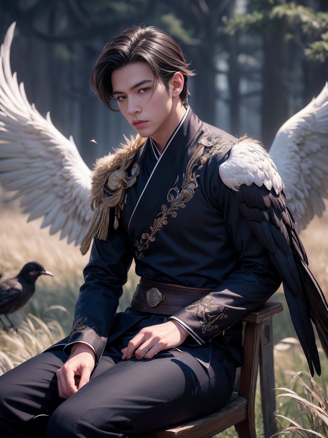 (8k, best quality, masterpiece:1.2),(realistic, photo-realistic:1.37),ultra-detailed,1 boy,cute,solo,(nose blush),(flushed cheeks:1.2),(closed mouth) small breasts,beautiful detailed eyes,black_wings,feathered_wings,wings,angel_wings,white_wings,single_wing,angel,male_focus,bird_wings,feathers,spread_wings,black_feathers,solo,brown_wings,web_address,a painting of a boy sitting in a field with a bird on his shoulder and a bird on his shoulder,Chen Chun,stanley artgerm lau,a detailed painting,fantasy art,<lora:wenboy_chen_v62:1>,