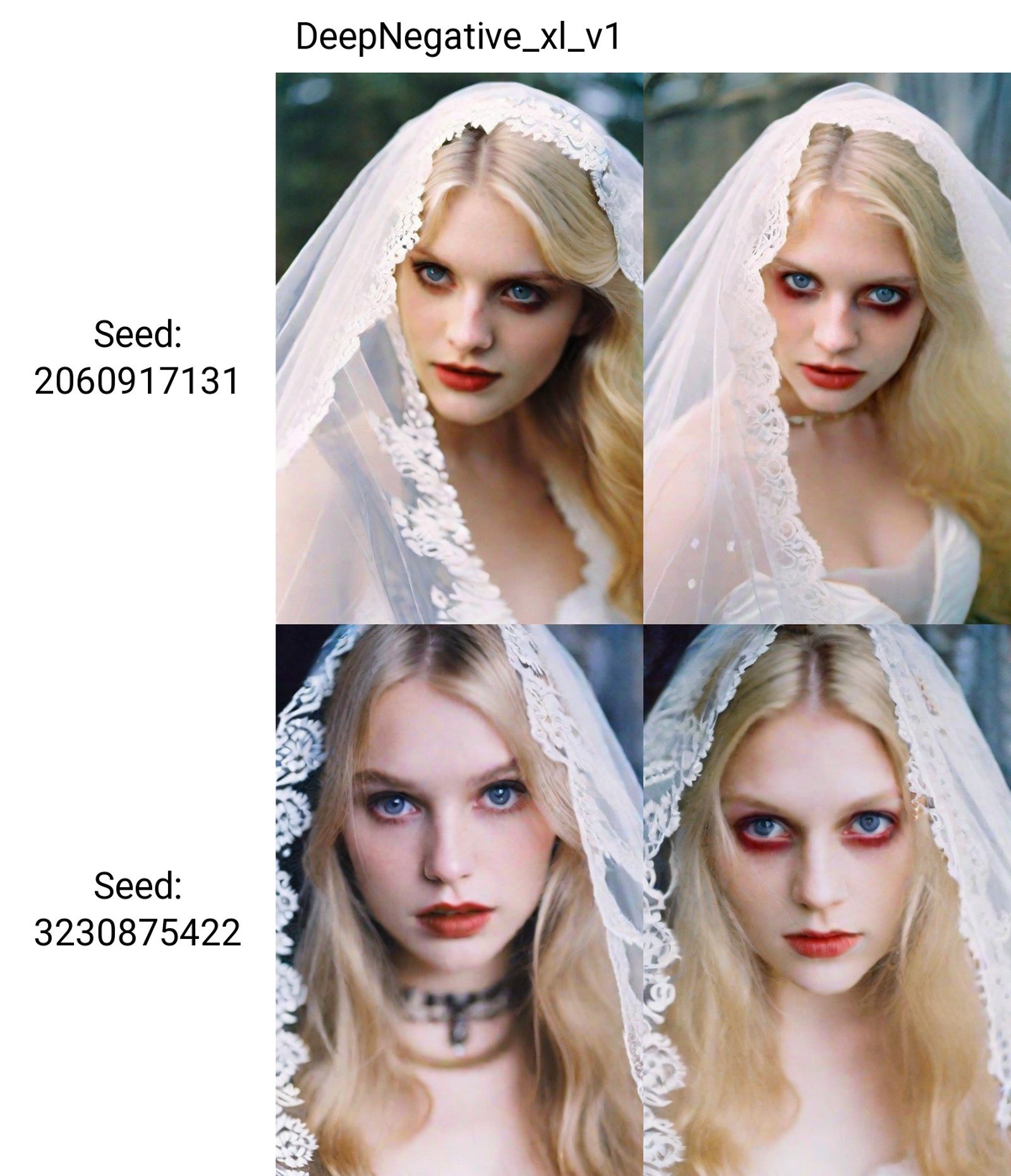 vampire bride,film photography aesthetic,the delicate texture of lace veil gently obscuring her face,long blonde hair,looking at viewer,eye eye contact,sapphire red eyes,choker,devil smile,dynamic composition,skin texture,from above,close-up,sharp focus,horror \(theme\),dutch angle,