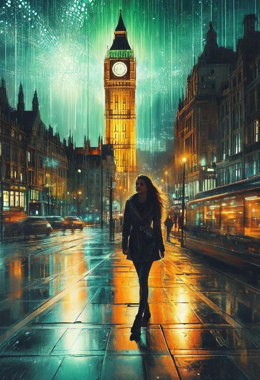 Double exposure, fusion, blending, an exceptional double exposure, fusion, blending, exceptional masterpiece, The first part of the painting displays, (((with a selfie of the woman: 1.5))), capturing her beautiful smile and the rainy wet pavement, revealing a fantastic double exposure composition in the scene: the background consists solely of the iconic (((silhouette of Big Ben: 1.3))) against the London skyline, harmoniously intertwined with visually striking details against a backdrop shrouded in a matrix effect, giving the clock tower a futuristic, ethereal quality. Vibrant colours and bold brushstrokes are superimposed on the greenish glow emanating from the clock tower, creating a mesmerising fusion of past and future, tradition and innovation. This artistic fusion invites viewers to contemplate the dynamic intersection of time, technology and human connection in the bustling metropolis of London.