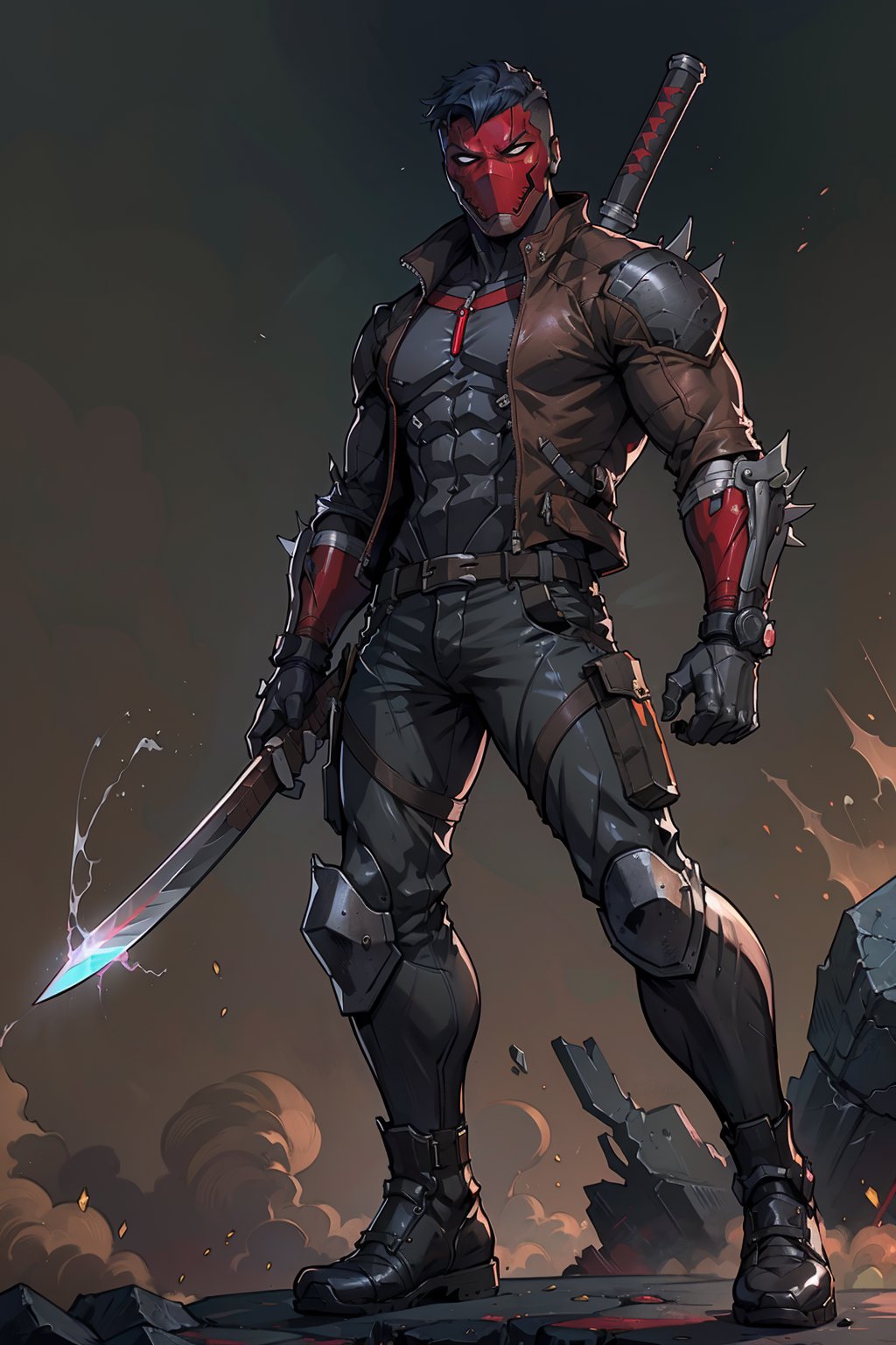 an accurate and detailed full-body shot of a male superhero character named Wraith, tall and lean bulid, (Crimson half-mask:1.3), exposed cybernetic red eye, grafted cybernetic jawline, (Spiky white fringe hair:1.2), (choppy black undercut hairstyle:1.2), (Skintight black ninja-tech suit with crimson energized circuitry:1.1), (electric blue biker jacket:1.1), asymmetric collar, rolled sleeves, Gunmetal armor plates on shoulders, chest emblem, (Fitted burgundy leather moto-pants), (blue-gray armorized cargo panels), Knee guards, armored greaves, black combat boots, cyberized gunmetal strike gauntlet, Holsters, sheaths, tech-utility pouches, (holding an obsidian high-frequency katana), masterpiece, high quality, 4K, raidenmgr, nero, rhdc, a man, red helment, brown leather jacket, gray skintight suit, gloves, belt, boots, absurdres<lora:EMS-75483-EMS:0.400000>, <lora:EMS-14003-EMS:0.500000>, <lora:EMS-311133-EMS:0.500000>