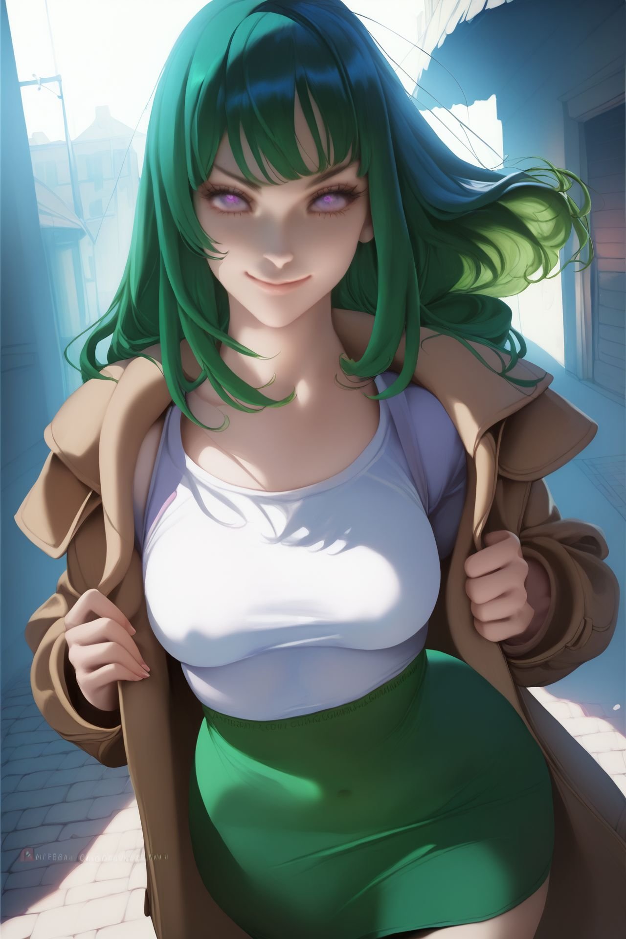 score_9, score_8_up, score_7_up, 1girl, smirk, dark_green hair, straight-across_bangs, light_purple eyes, breasts, covered nipples, duffel coat, path, <lora:Sakimichan_PonyXL_style_v01.10.02.05:1>