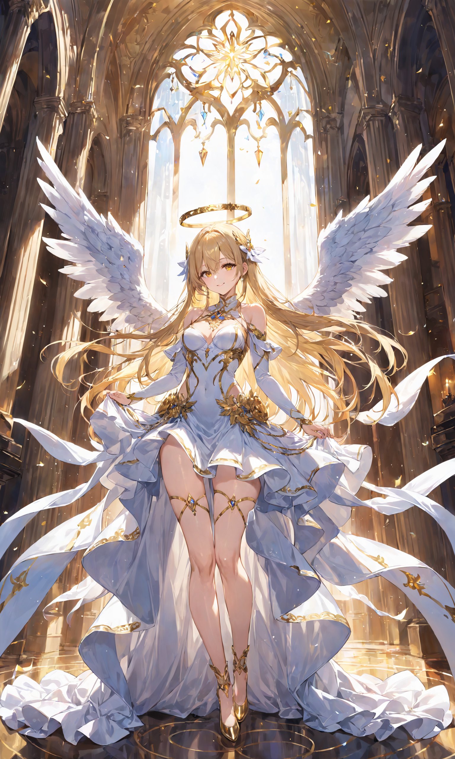 1girl, solo, long hair, breasts, looking at viewer, smile, bangs, skirt, blonde hair, navel, hair between eyes, bare shoulders, medium breasts, very long hair, full body, yellow eyes, detached sleeves, wings, white dress, halo, white skirt, feathered wings, angel wings, white wings, angel, multiple wings, gold footwear, masterpiece, masterpiece, best quality, score_9, score_8_up, score_7_up, ultra-detailed,