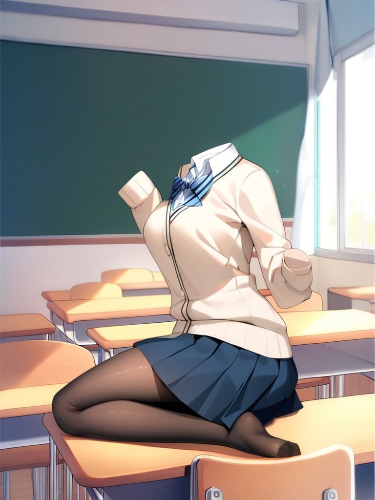 <lora:xl_Invisible person(kohaku_delta)-000006:1>,transparent, invisible person, 1girl, desk, pantyhose, skirt, classroom, solo, school desk, sweater, indoors, sleeves past wrists, chalkboard, shirt, breasts, bow, sitting, bowtie, school uniform, white shirt, miniskirt, chair, collared shirt, on desk, kneeling, long sleeves, masterpiece, best quality,