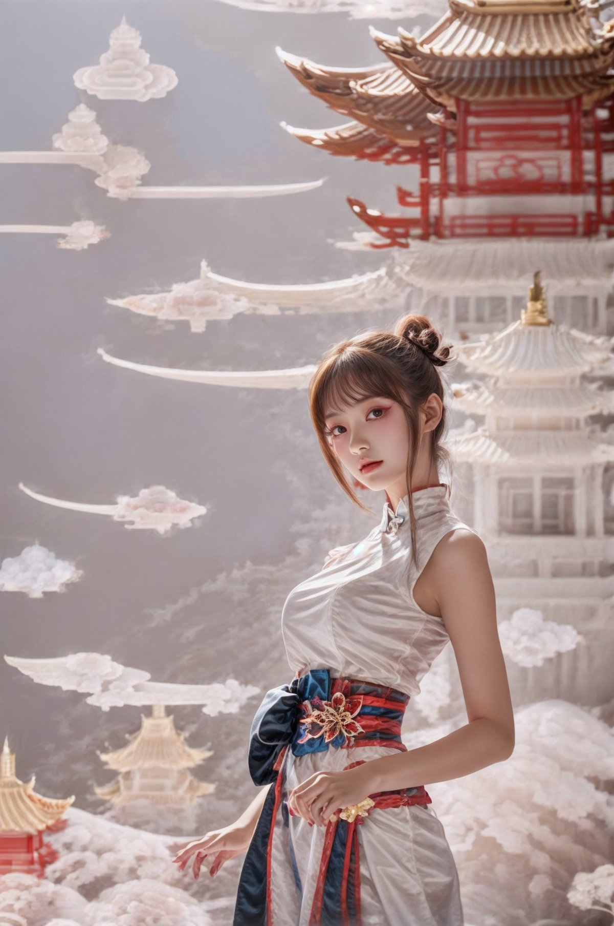 1 girl,upper body,pagoda,clear fingers,