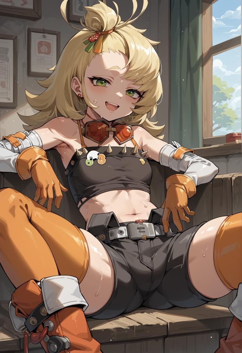 1girl, long hair, messy hair, blonde hair, green eyes, topknot, hair ornament, detached sleeves, orange gloves, tube top, Goggles Around Neck, shorts, chaps, Detached Leggings, sitting, orange legwear, indoors, linving room, spread legs, sweat, hand fan, smile, open mouth<lora:Piper_ZZZ:1>, score_9, score_8_up, score_7_up, score_6_up, score_5_up, score_4_up, BREAK source_anime, masterpiece