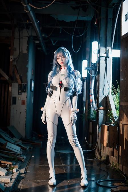 best quality, masterpiece, photorealistic, 1girl, solo, looking at viewer, bangs, full body, closed mouth, expressionless, ayanami_cosplay_costume, plugsuit, blue hair, ayanami rei, pilot suit, cosplay, long hair, interface headset, hairpods, gloves, bracer, skin tight, ( ruins:1.4), night, neon light, cyberpunk, science fiction, future city, detailed background, <lora:ayanami_cosplay_costume_v2:0.65>