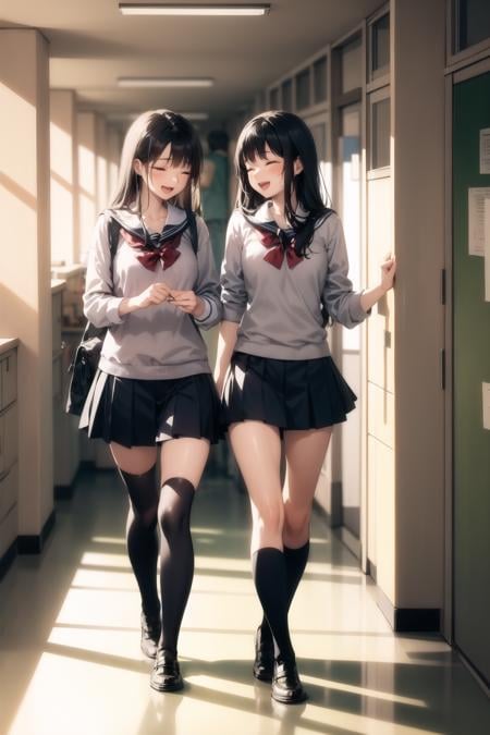 <lora:school_hallway_v0.1:1>2girls, school hallway, school uniform, walking, :d, closed eyes, sunlight, looking to the side,, masterpiece, best quality, highly detailed