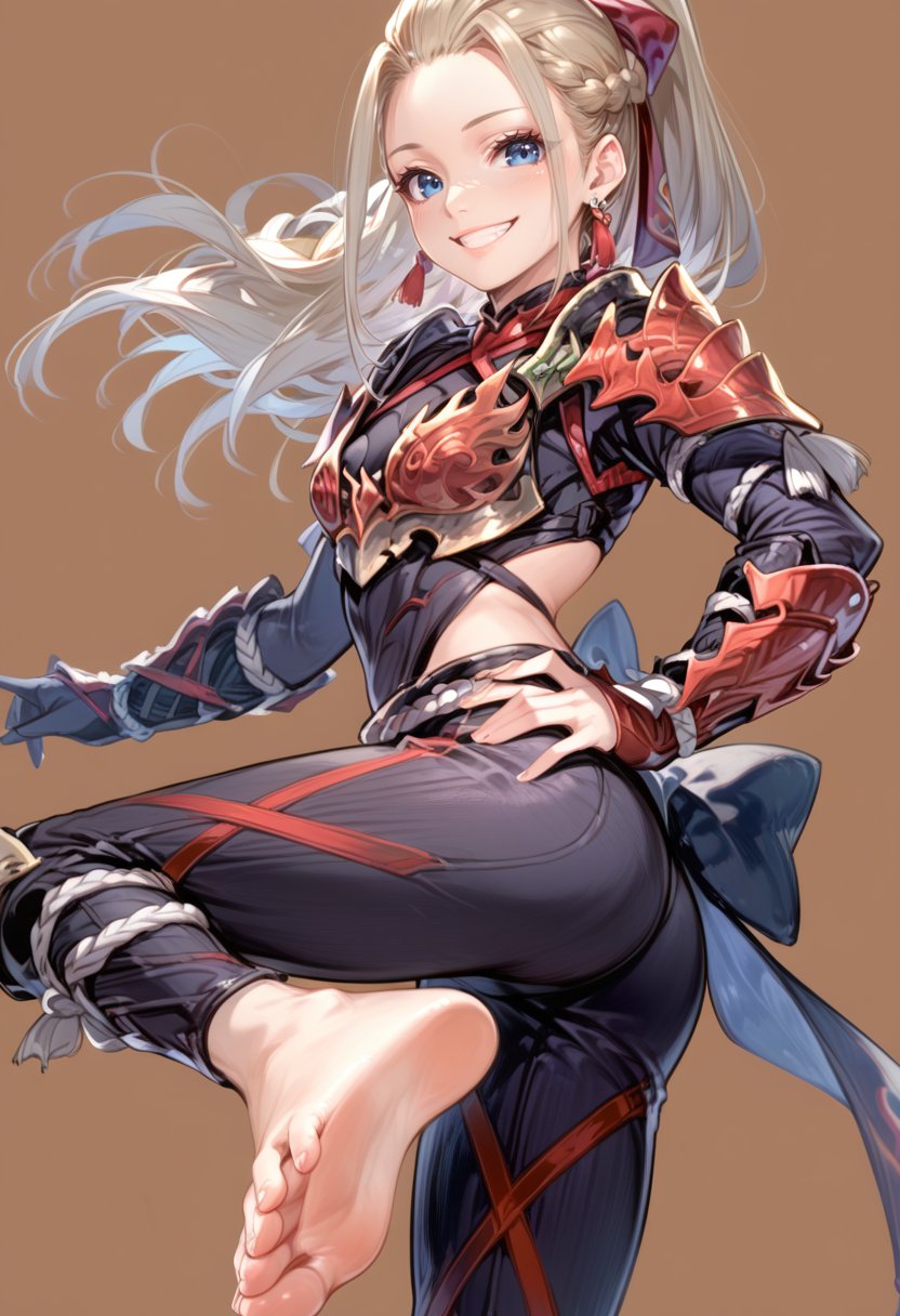 (score_9:0.9),score_8_up,score_7_up,anime style,rating_safe,(zPDXL),<lora:Odogaron Armor Alpha ponyXL v1.5:0.82>,odogaron alpha armor,red gauntlets,1girl,solo,smile,blue eyes,long hair,braid,jewelry,looking at viewer,earrings,hand on hip,simple background,brown background,grin,ponytail,barefoot,foot focus,soles,sweatdrop,hand on own hip, 5 toes