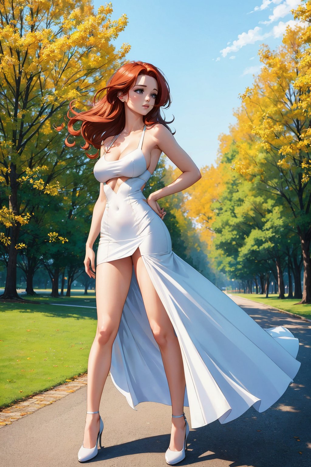 petite, breasts, breast focus, 1girl, underboob, sideboob, braless, white bodycon dress, park, sky, trees, vivid hair, cleavage, 1girl, supermodel, woman, breasts, auburn long hair, masterpiece, best quality, shoes, full body, white background, studio, looking away