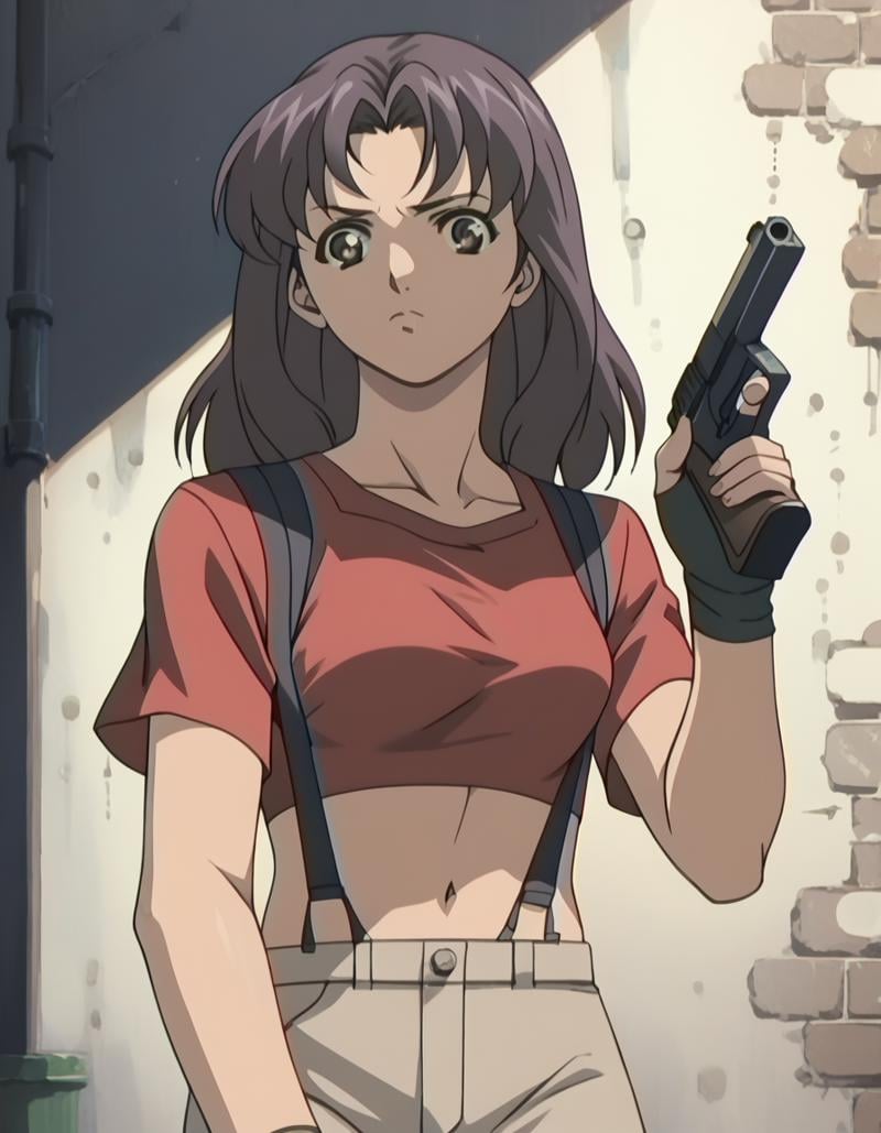 score_9,  score_8_up, score_7_up, source_anime, <lora:tomoko-ponyxl:0.9> 1girl, tomoko, (purple hair:0.5), crop top, red shirt, suspenders, handgun, aiming, serious, looking at viewer, alley