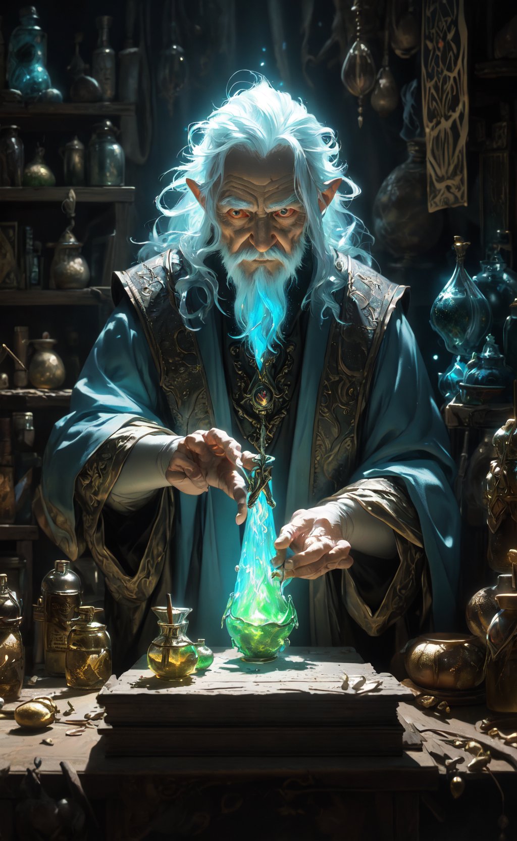 fantasy oil painting, masterpiece, best quality, old wise wizard mixing potions, moody lighting, glow, glowing, mysterious, mystical, magical, rim lighting