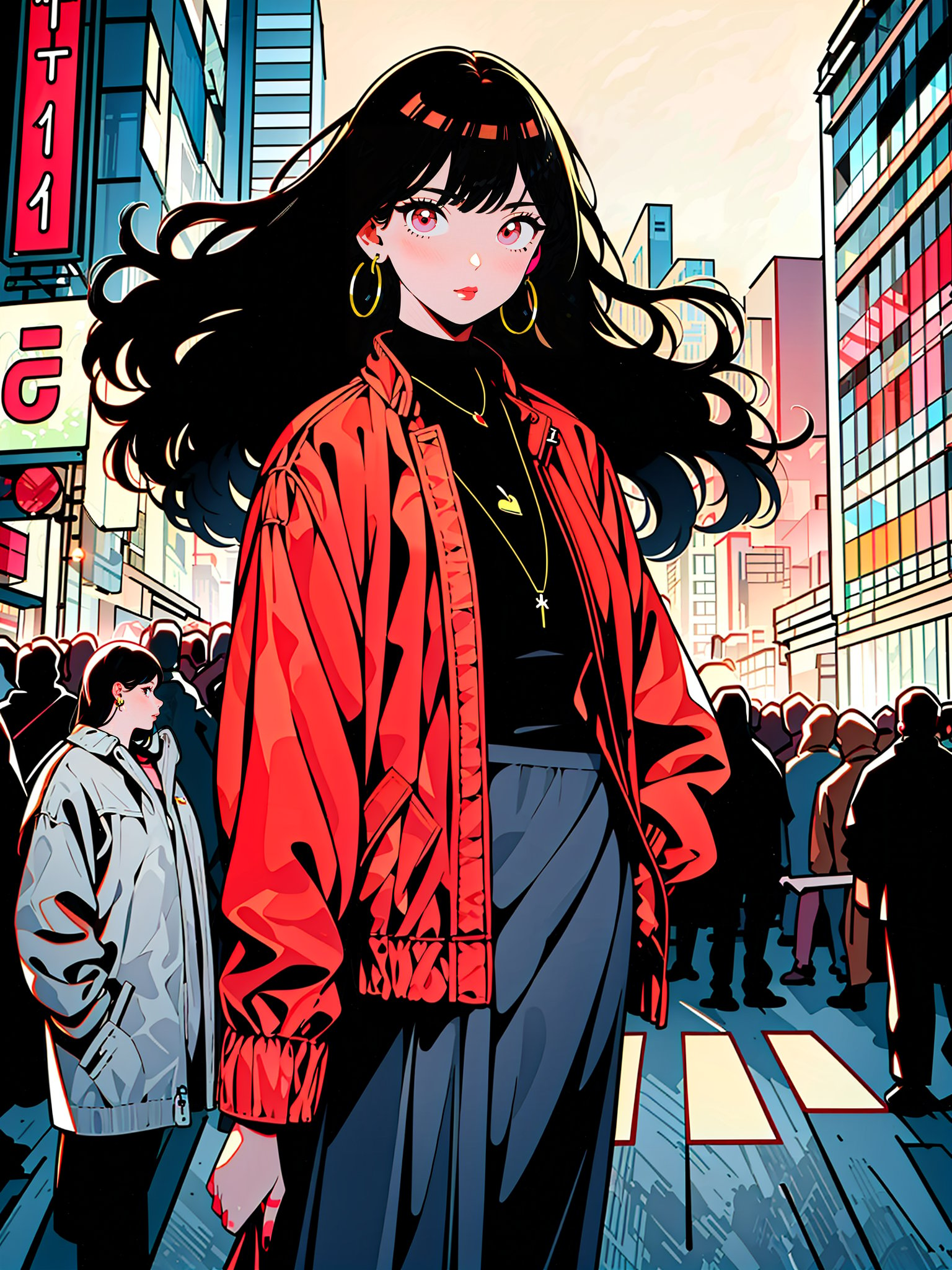 HTTP, 1girl, black hair, long hair, jewelry, earrings, skirt, red nails, jacket, red eyes, grey skirt, looking at viewer, red jacket, outdoors, solo, bangs, solo focus, long sleeves, black shirt, cowboy shot, crowd, necklace, shirt, city, building, nail polish, standing, hand on hip<lora:HTTP_20231211123040-000008:1>