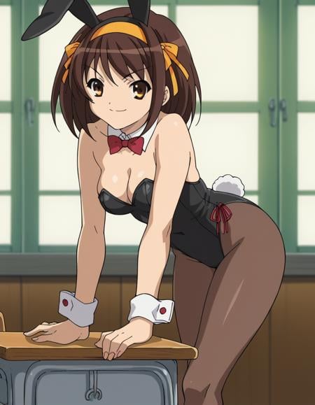 score_9, score_8_up, score_7_up, source_anime,haruhisuzumiya,  <lora:haruhi-suzumiya-s1-ponyxl-lora-nochekaiser:1>,haruhi suzumiya, short hair, brown hair, brown eyes, hairband, medium hair, ribbon, hair ribbon,animal ears, pantyhose, rabbit ears, leotard, wrist cuffs, detached collar, fake animal ears, playboy bunny, black leotard, cleavage,indoors, classroom, bent over, smile,looking at viewer, cowboy shot, solo,