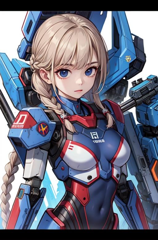 masterpiece,best quality,upper body,1girl,small breasts,mecha,color connection,color ink \(medium\),cropped,long braid,bruised eye,﻿:q,wide shot