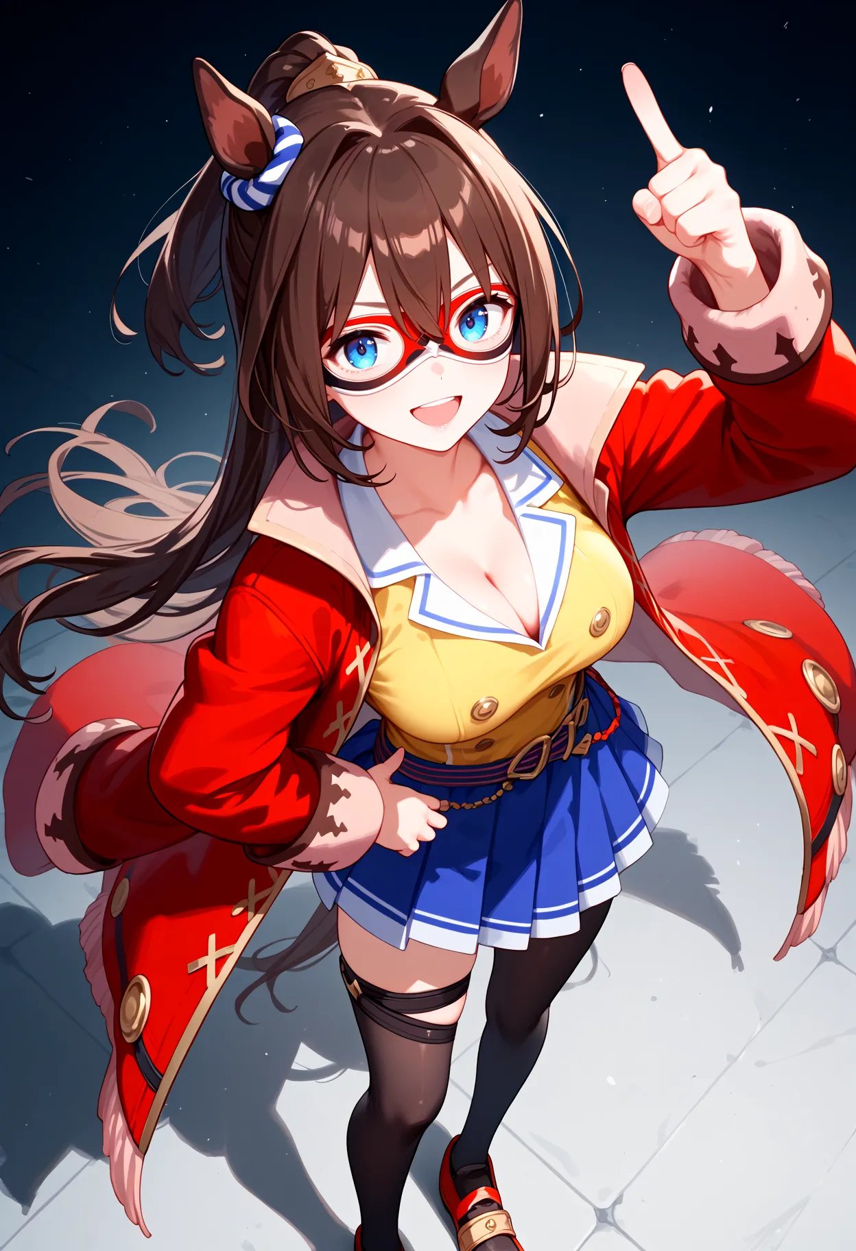 score_9, score_8_up, score_7_up, BREAK, best quality, masterpiece, very aesthetic, ultra detailed,very detailed background,BREAK,,zPDXL3,ECP,ECP_Race, 1girl, solo, long hair, bangs, blue eyes, brown hair, long sleeves, cleavage,  ponytail, blue skirt,red mask,  horse ears, red coat, yellow shirt,black thighhighs,red shoes,red domino mask,arm up,pointing up,smile,open mouse,happy,from above,hand on hip,<lyco:ElCondorPasa-ponyXL:1>