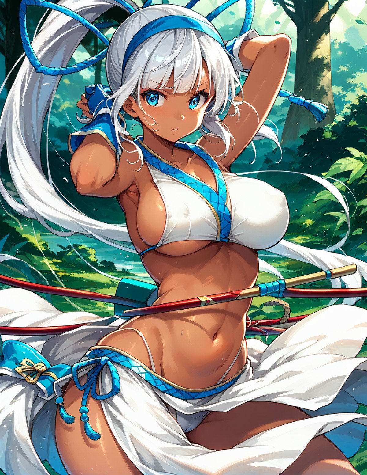 score_9,score_8_up,score_7_up,score_6_up,score_5_up,score_4_up,1girl,<lora:majikinamina_pony:1>,majikina mina,silver hair,blue eyes,dark skin,large breasts,high ponytail,hairband,bare shoulders,underwear,gloves,panties,midriff,blunt bangs,revealing clothes,side-tie skirt,white sarong,hair ribbon,navel,fighting stance,bow(weapon),holding,arms behind head,armpits,