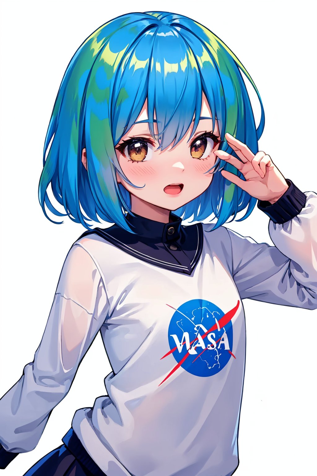 masterpiece,best quality, highly detailed, earth-chan,1girl,solo,looking at viewer,blush,open mouth,<lora:earth-chan:1>,simple background,white background