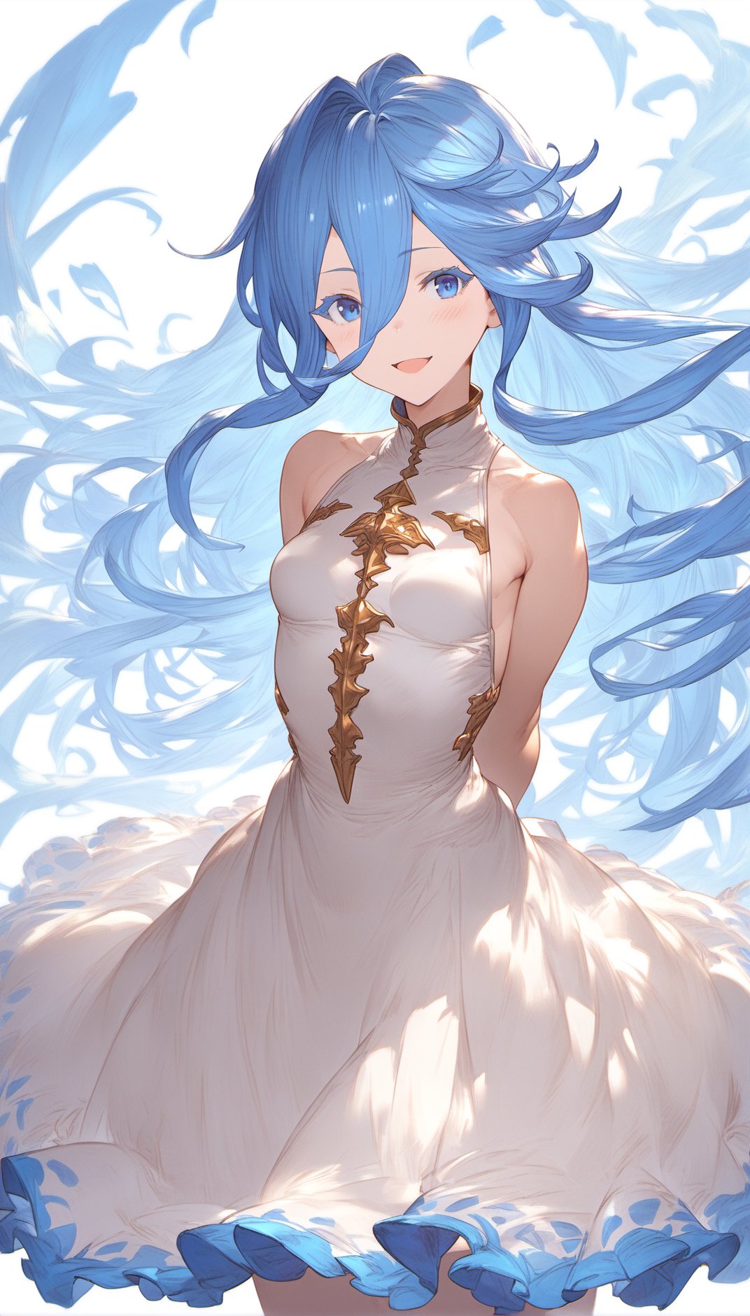 score_9, score_8_up, score_7_up, score_6_up, lyria_\(granblue_fantasy\), open_mouth, 1girl, long hair, small breasts, colored eyelashes, pale skin, eyes visible through hair, smile, white dress,hair between eyes, blue hair, solo, blue eyes, blue eyelashes, floating, arms behind back,<lora:granblue_fantasy_style_pony:1>