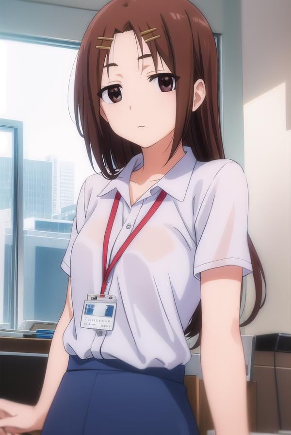 megumichihaya, <lora:megumi chihaya s1-lora-nochekaiser:1>,megumi chihaya, long hair, brown hair, hair ornament, (brown eyes:1.5), hairclip,BREAK skirt, shirt, white shirt, blue skirt, office lady, id card, lanyard,BREAK indoors, office,BREAK looking at viewer, (cowboy shot:1.5),BREAK <lyco:GoodHands-beta2:1>, (masterpiece:1.2), best quality, high resolution, unity 8k wallpaper, (illustration:0.8), (beautiful detailed eyes:1.6), extremely detailed face, perfect lighting, extremely detailed CG, (perfect hands, perfect anatomy),