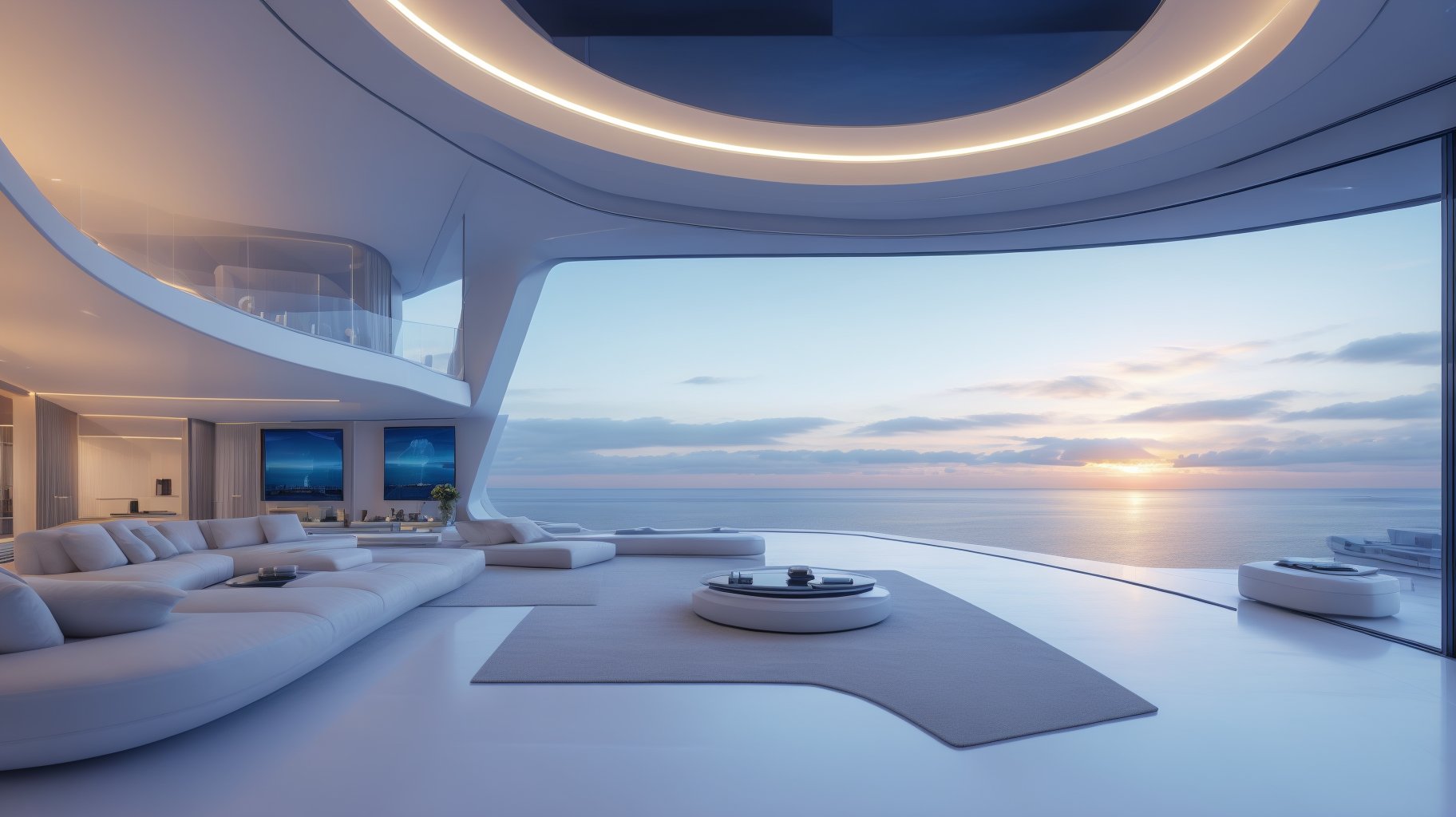 high-tech and innovative features, smart home automation system, virtual reality entertainment room, breathtaking views of the ocean and skyline, in a futuristic mansion,SHSJ 