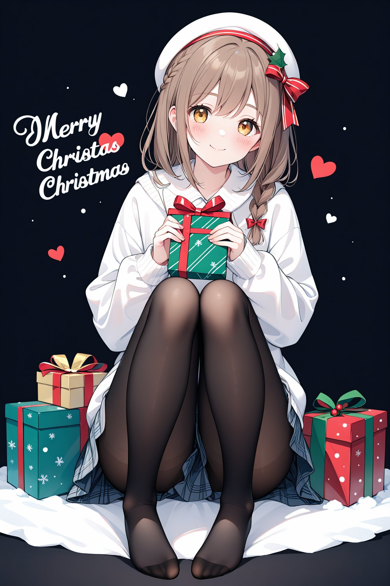 (masterpiece),(best quality),solo,1girl,pantyhose,smile,brown hair,hat,blush,no shoes,looking at viewer,black pantyhose,sweater,braid,black background,long hair,heart,long sleeves,sitting,bow,skirt,merry christmas,brown eyes,kunikida hanamaru,hair bow,white headwear,beret,christmas,holding,plaid,full body,bangs,closed mouth,yellow eyes,gift,red bow,simple background,