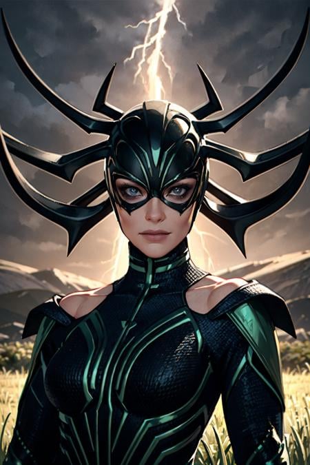 hela,, mask, spiked helmet, ,, <lora:helaV1:0.55>,  , norse mythology, grasslands, thunder strikes, upper body ,  detailed background, bokeh,(highres, highly detailed:1.2),cinematic lighting,