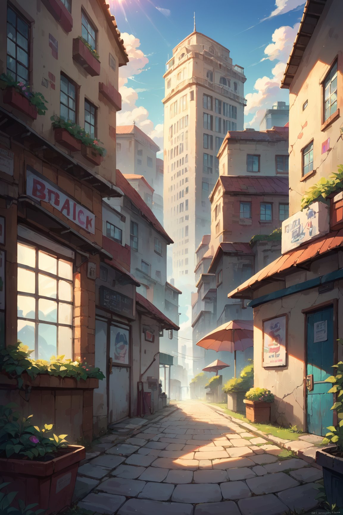 zPDXL, city alley, tall buildings, no humans, colorful buildings, cloudy sky, bright sunlight, dappled sunlight,, (score_9, score_8_up, score_7_up, score_6_up, score_5_up, score_4_up, high res, 4k)