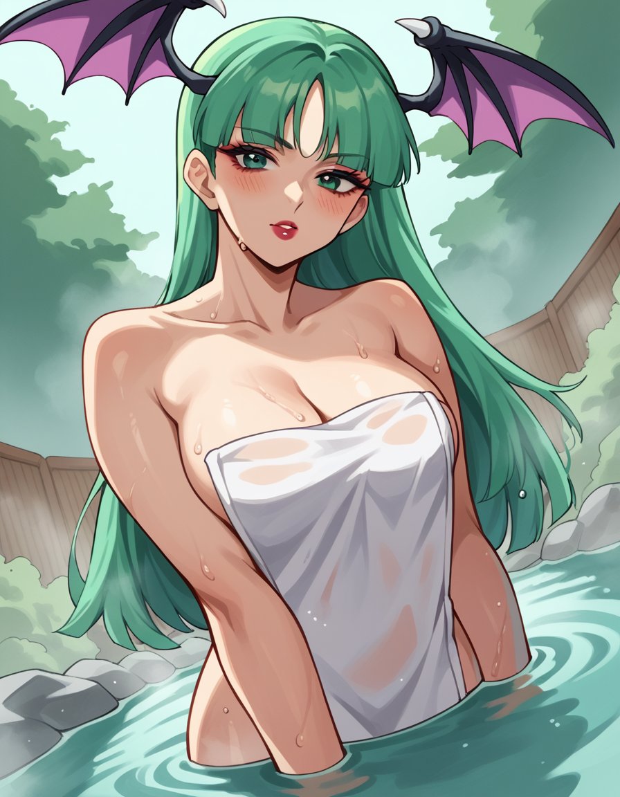 score_9, score_8_up, score_7_up, source_anime, morriganaensland, <lora:morrigan-aensland-ponyxl-lora-nochekaiser:1>, morrigan aensland, green eyes, green hair, head wings, lipstick, long hair, makeup, pale skin,, nude, naked, outdoors, onsen, towel, naked towel, steam, bathing, nude cover, partially submerged, water, bath, steam censor, wet towel, blush, looking at viewer, solo, cowboy shot, dutch angle