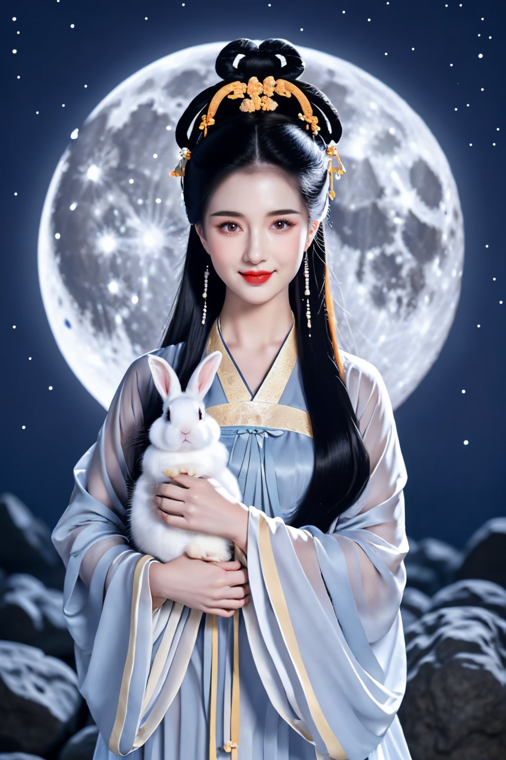 cka01,1girl,rabbit,moon,holding animal,black hair,jewelry,earrings,chinese clothes,hanfu,long hair,full moon,hair ornament,animal,night,holding,dress,solo,upper body,looking at viewer,smile,night sky,rock,wide sleeves,long sleeves,realistic,red lips,sky,<lora:cy01:0.8>,