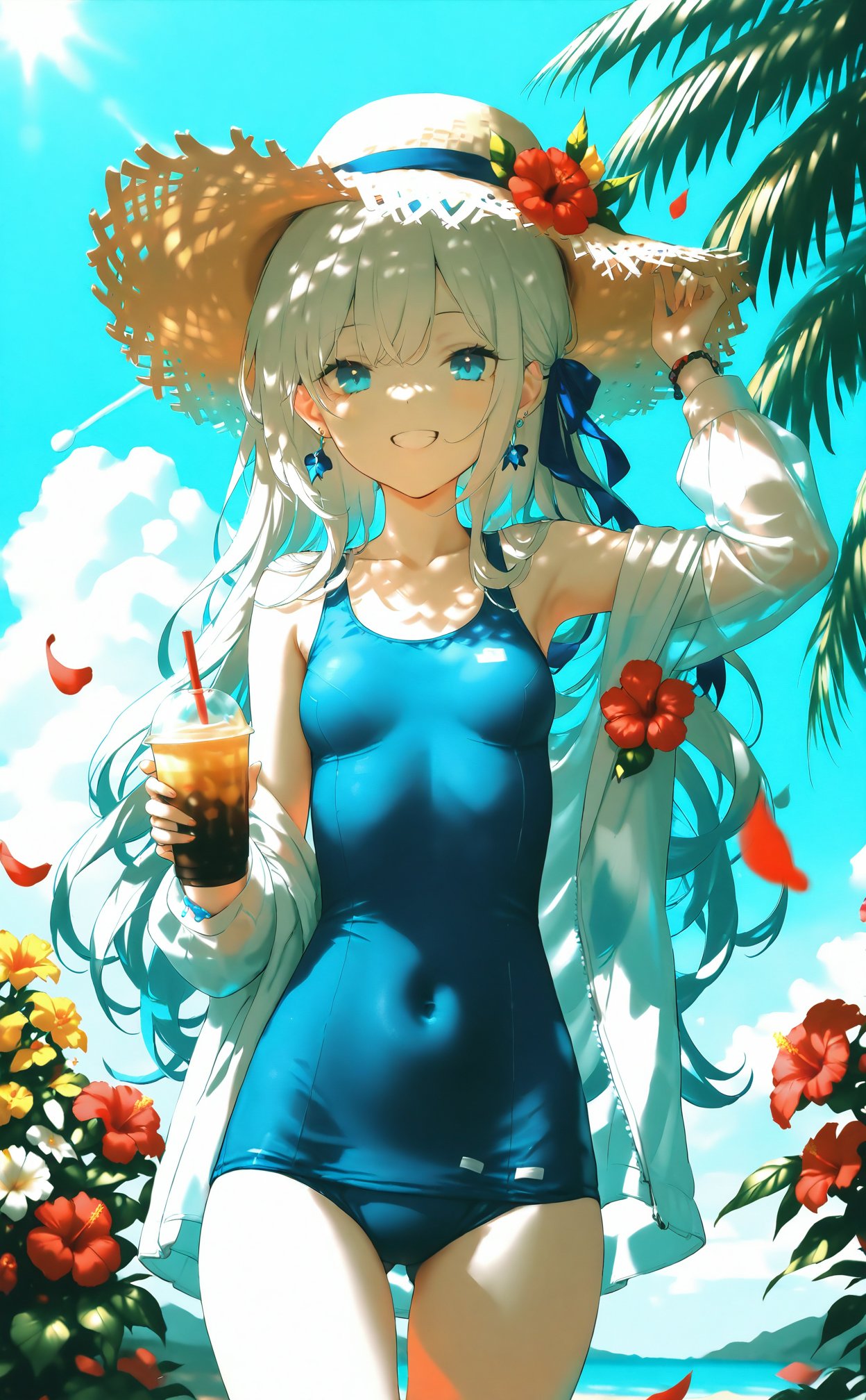 masterpiece,best quality,1girl,swimsuit,solo,blue eyes,one-piece swimsuit,hat,smile,long hair,outdoors,covered navel,flower,straw hat,sky,hibiscus,white hair,breasts,blue one-piece swimsuit,looking at viewer,blue sky,cloud,cup,holding,tree,earrings,red flower,palm tree,hat flower,jewelry,off shoulder,day,cowboy shot,open clothes,hand on headwear,grin,white jacket,ribbon,long sleeves,disposable cup,small breasts,sun hat,bare shoulders,petals,hair ribbon,see-through,jacket,blue ribbon,open jacket,standing,contrail,white shirt,holding cup,cloudy sky,arm up,very long hair,see-through shirt,shirt,drink,school swimsuit,