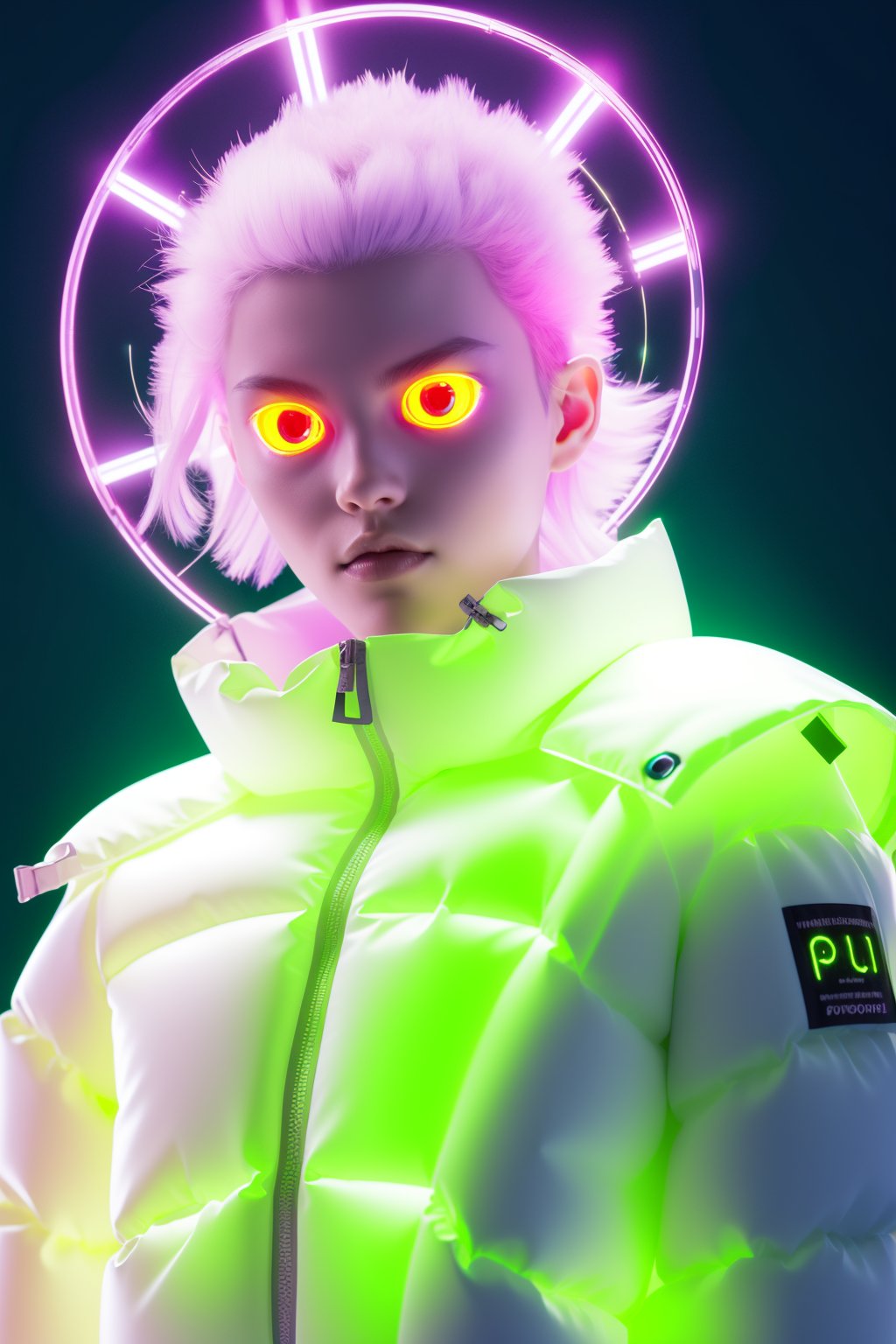 puffer_jacket,green background,solo,halo,glowing,robot,pink eyes,joints,glowing eyes,pink hair,upper body,simple background,