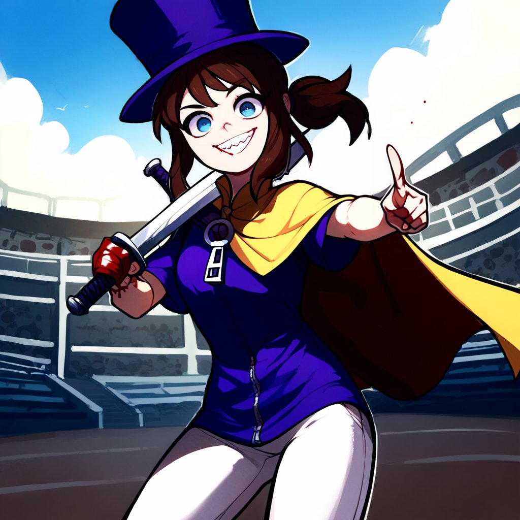 1girl,solo,<lora:Centurii-chan:0.8>,<lora:hatkid:0.5>,hat-kid,brown hair,sidelocks,ponytail,blue eyes,purple top hat,purple dress,zipper pull tab,yellow cape,white pants,cowboy shot,looking at viewer,evil smile,sharp teeth,holding sword on shoulders,pointing at viewer,day,colosseum,cloudy sky,blood on hands,blood on sword,blood on ground, clenched teeth,, score_9, score_8_up, score_7_up, perfect anatomy, source_anime, zPDXL2,