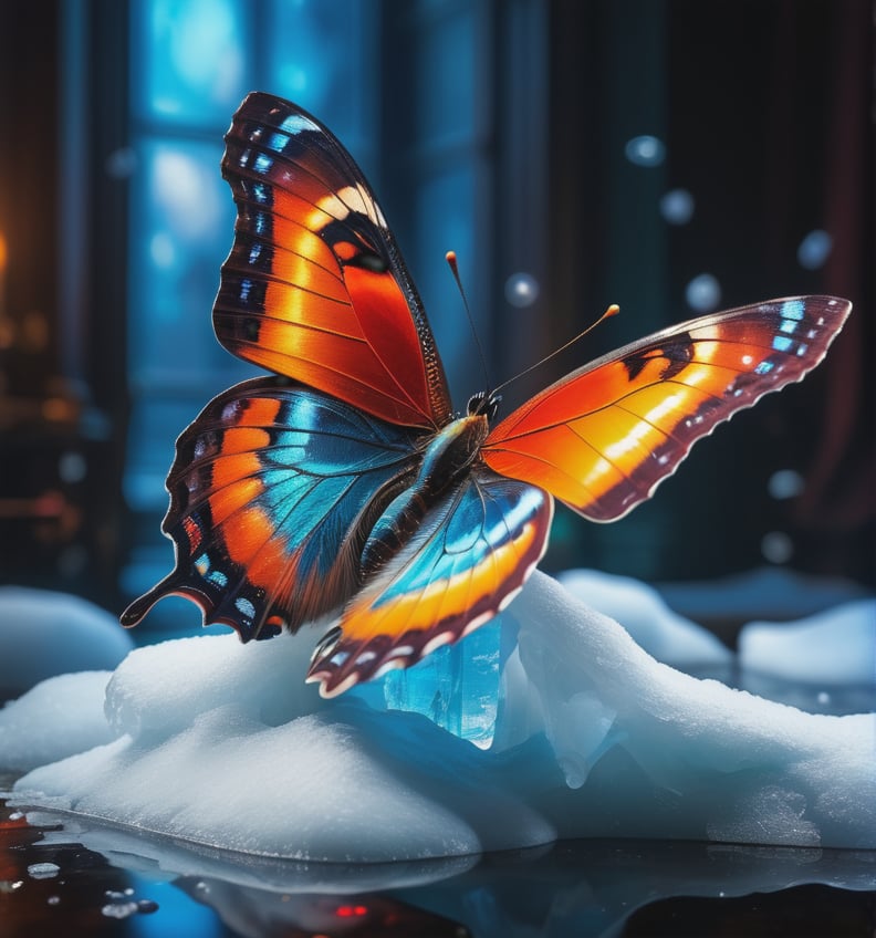 photorealistic movie, 8k, RGB, HDR, oil paints, watercolors, bright saturated colors, winter ice butterfly, by vVinchi, Bastien Lecouffe-Degarme, Carn Griffiths, E. Abramzon, Raphael, Caravaggio, 