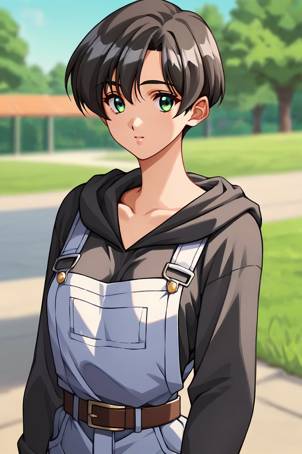 score_9, score_8_up, score_7_up, score_6_up, score_5_up, score_4_up, source_anime, wakabayashi ayu, 1girl, black hair, green eyes, short hair, solo, long sleeves, hoodie, belt, overalls, ayu_black,masterpiece, perfect face, best quality, beautiful girl, blurry background, cute girl, beautiful eyes, shiny eyes, anime coloring, anime screencap, absurdres, outdoors, <lora:wakabayashi ayu anyt 905:0.7>