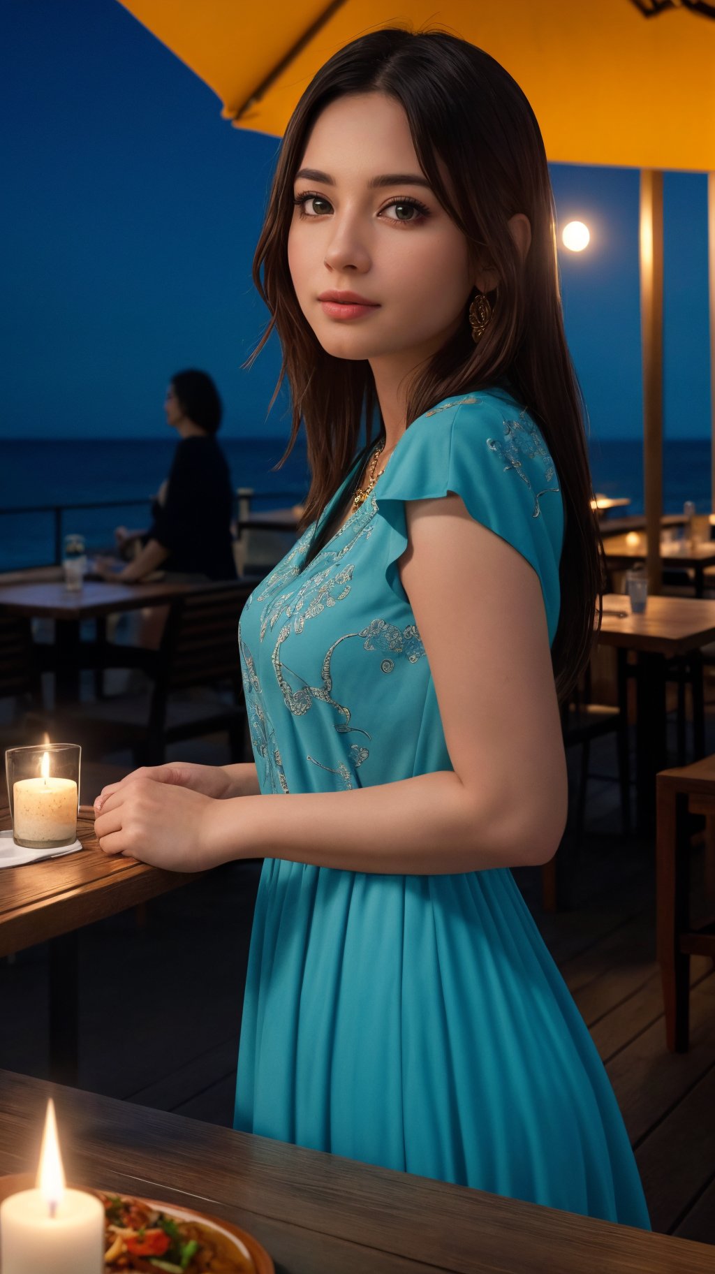 (8k, RAW photo, best quality, depth of field, ultra high res:1.2), (intricate, photorealistic, masterpiece, ultra-detailed), dynamic lighting, a woman in an outdoor restaurant overlooking the ocean, table has food and drinks, candles, vibrant colors, she is styling with a Hawaiian dress, detailed expressive eyes, bright mood lighting,